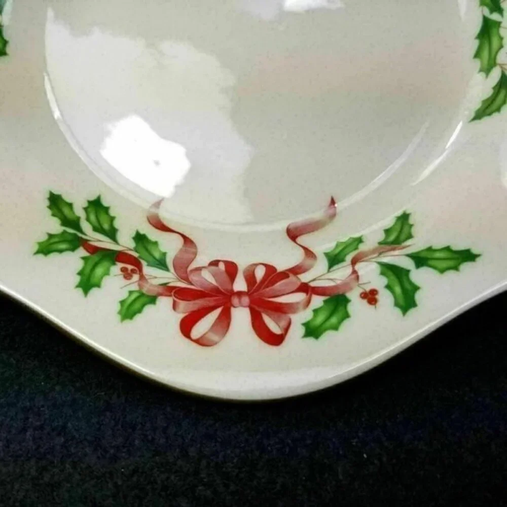 Lenox Holiday Collection Oval Bowl Holly Berries‎ Bow Candy Snack Nut Christmas